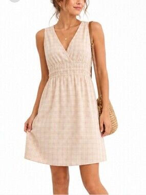 CONVERSE ONE TAN & WHITE V NECK SLEEVELESS COTTON BABYDOLL MIDI DRESS SIZE L